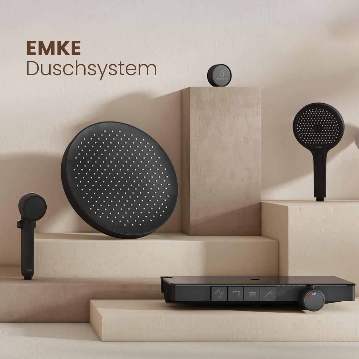 ÜBERKOPFBRAUSESET mit Handbrause Thermostat Vielseitig Schwarz - Schwarz, Metall (40/113/58cm) - EMKE