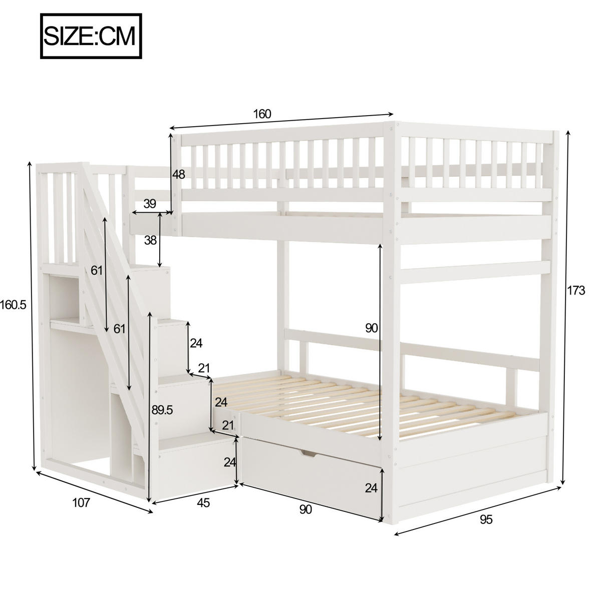 ETAGENBETT 90/200 cm aus Massivholz mit Stauraum und Sicherheitsleiter - Weiß, Holzwerkstoff (90/200cm) - BEAOK