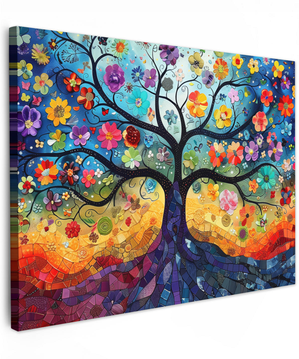 LEINWANDBILD Kunst - Baum des Lebens - Blumen - Hippie Wandbilder 80x60 cm - Dunkelblau, Textil (80/60cm) - MuchoWow