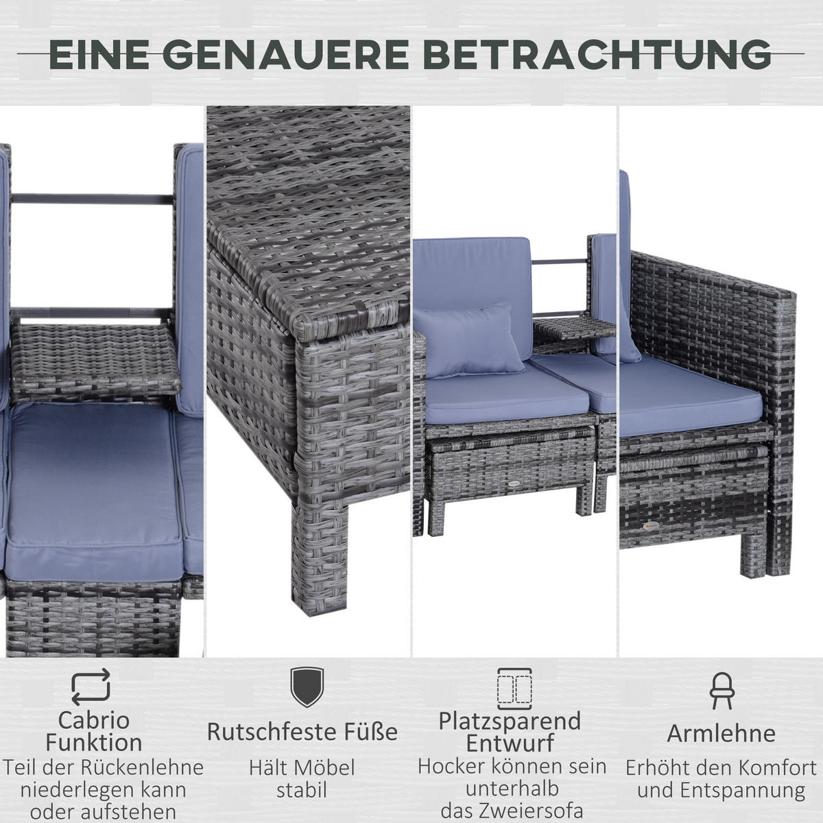 GARTENSET Grau Polyrattan + Metall 2er-Sofa 2 x Hocker Kissen - Grau, Kunststoff - Outsunny