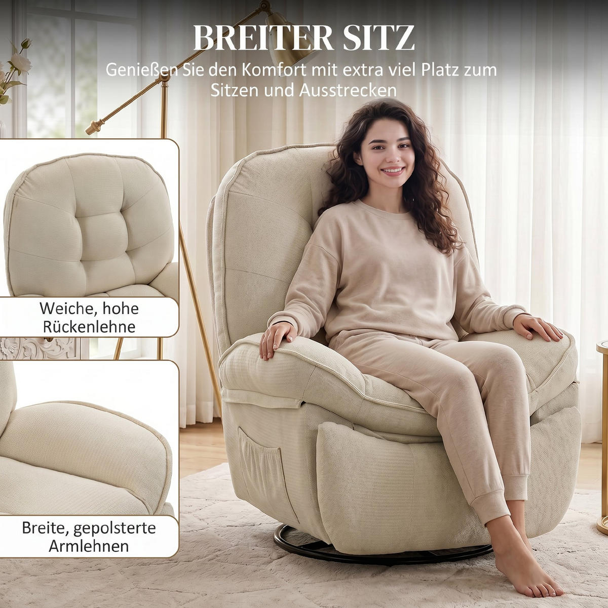 RELAXSESSEL Chenille (100% Polyester) Cremeweiß - Creme/Schwarz, Holzwerkstoff/Textil (94/104/95cm) - HOMCOM