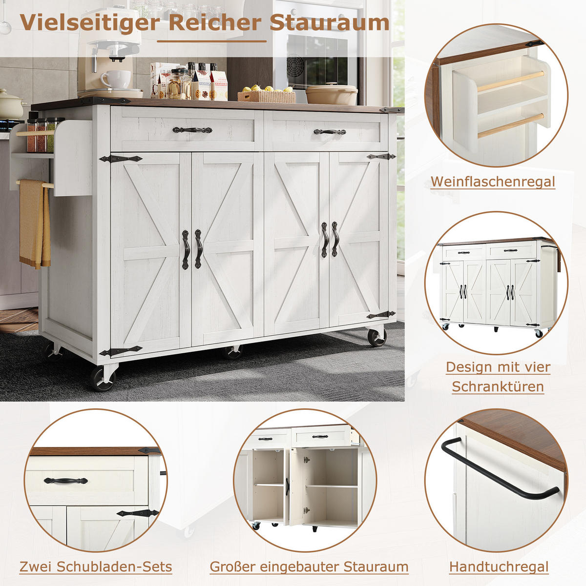 KÜCHENINSEL 140/45/93 cm aus MDF mit klappbarer Arbeitsplatte Weiß - Weiß, Holzwerkstoff (140/93/72cm) - Modenvie