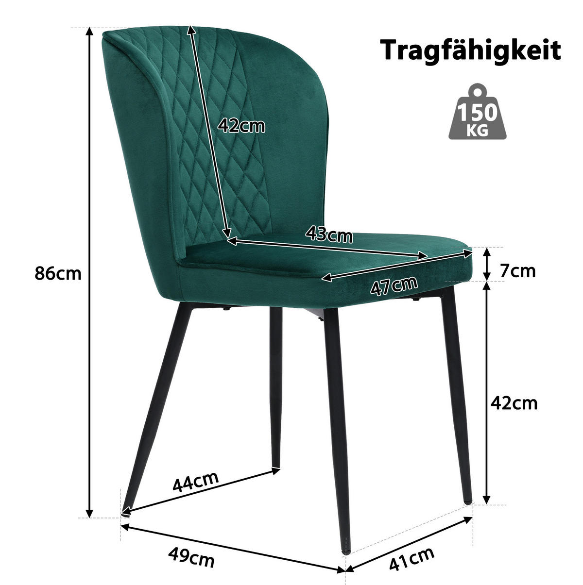 ESSZIMMERSTUHL Samt Green mit Metallgestell - Grün, Metall (43/86/47.1cm) - Meubliv