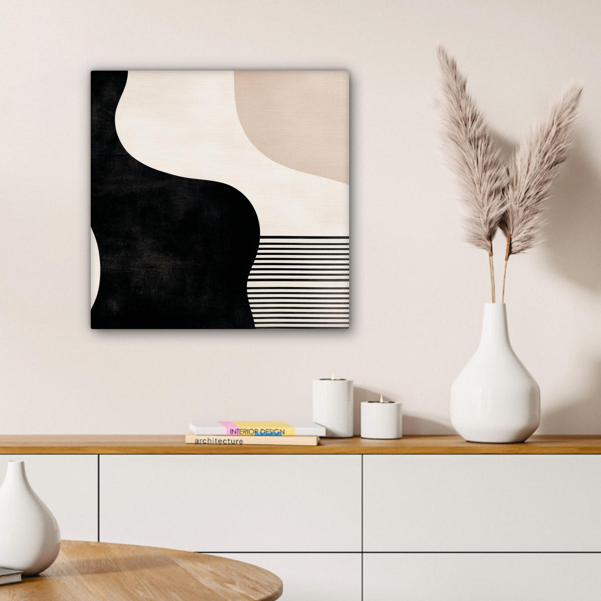 LEINWANDBILD Abstrakt - Japandi - Beige - Modern Wandbild Wohnzimmer 50x50 cm - Schwarz, Textil (50/50cm) - MuchoWow