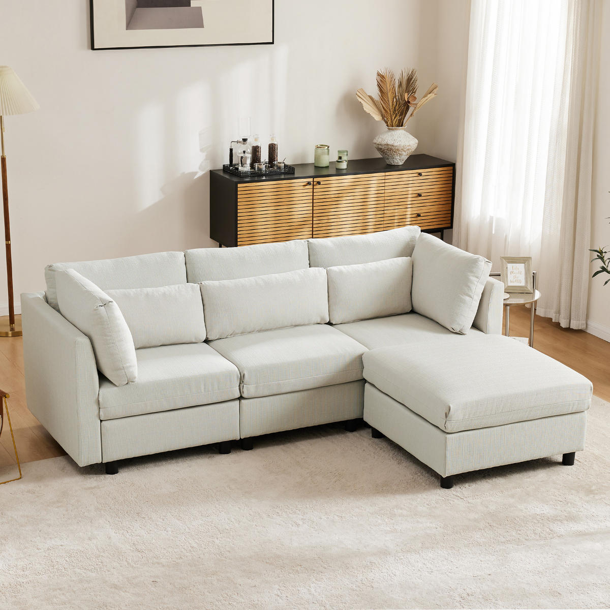 ECKSOFA Leinenstoff mit Fußhocker und Kissen 220/83/81 cm Beige - Beige, Textil (81/83cm) - Redom