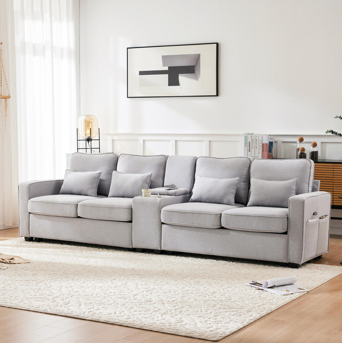 4-SITZER Sofa 290/88/83 cm Grau aus Leinen mit USB-Anschluss und Getränkehaltern - Hellgrau, Textil (83/88/290cm) - OKMYHOME