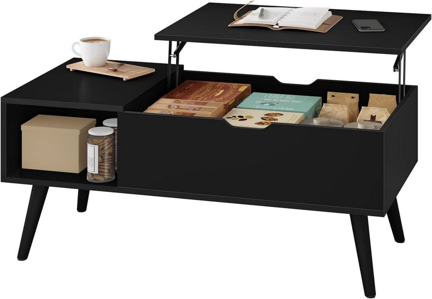 COUCHTISCH höhenverstellbar(47-53 cm), mit Stauraum, Schwarz - Schwarz, Holzwerkstoff/Metall (50/100/43cm) - Woltu