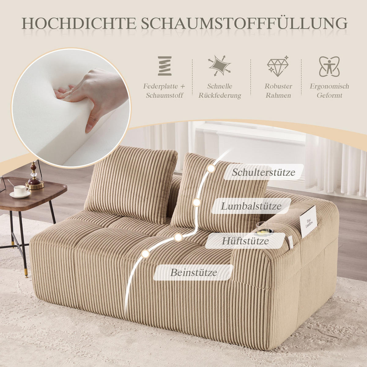 2-SITZER-SOFA Cordstoff 158x93x61cm Mit Becherhalter - Hellbraun, Textil (93/61/158cm) - Raelunyi