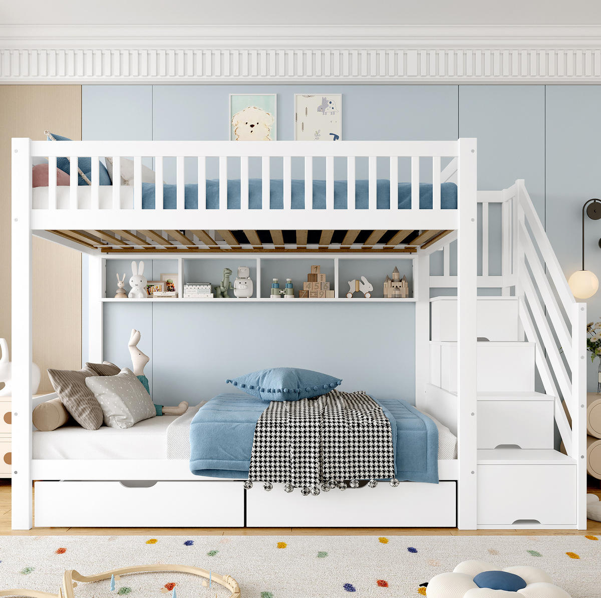 ETAGENBETT 90/200 cm Weiß mit Kleiderschrank und Stauraumtreppe - Weiß, Holz (90/200cm) - Flora Grace