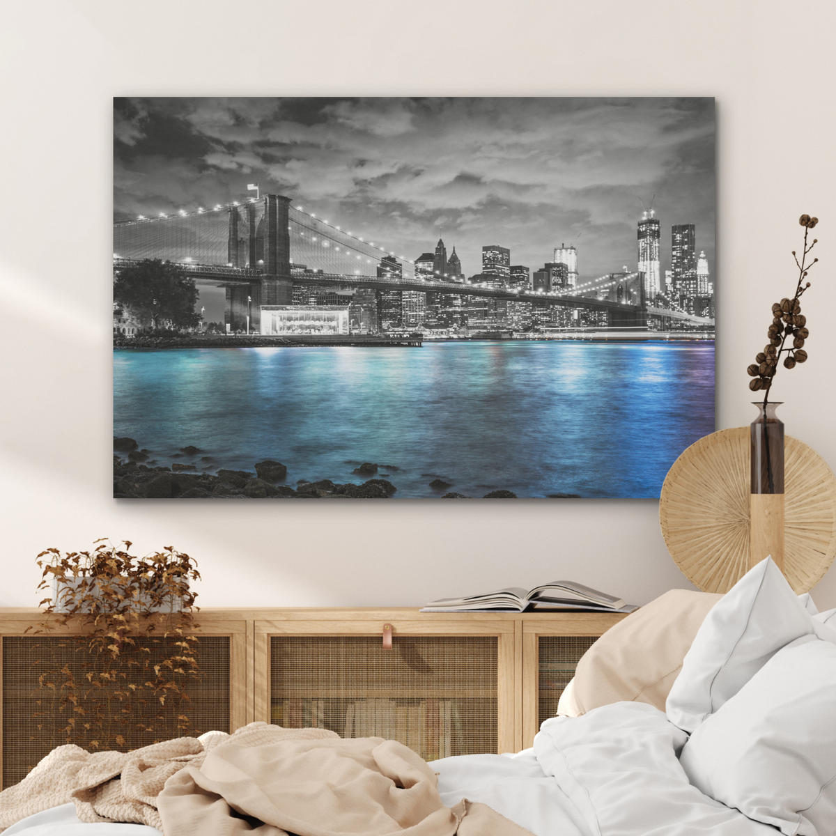 AKUSTIKPANEEL New York - Skyline - Stadt - Blau 100x70 cm - Blaugrau, Textil (100/0.9/70cm) - MuchoWow