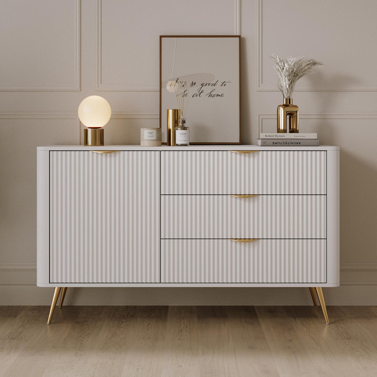 SIDEBOARD Kommode Flore 138 cm Weiß / Gold - mit 3 Schubladen und 1 Tür - Gelb/Goldfarben, Holz/Holzwerkstoff (138/81/38cm) - Ravio