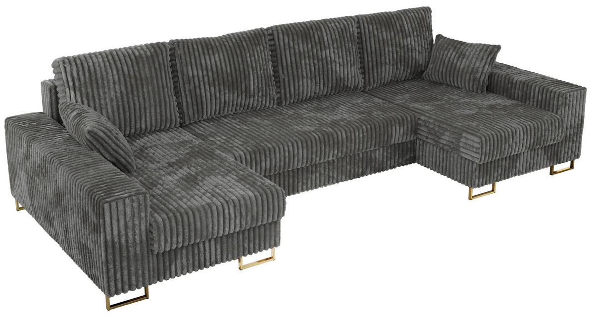 WOHNLANDSCHAFT DORIAN U Cord Dunkelgrau - Dunkelgrau/Goldfarben, Textil/Metall (312/95/138cm) - MKS