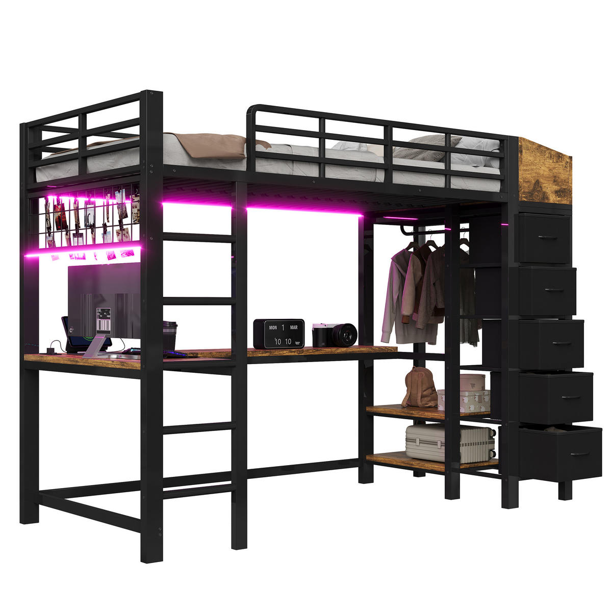 HOCHBETT 90x200cm Metall Gaming Schreibtisch LED USB Schwarz - Schwarz, Metall (90/200cm) - FLIEKS