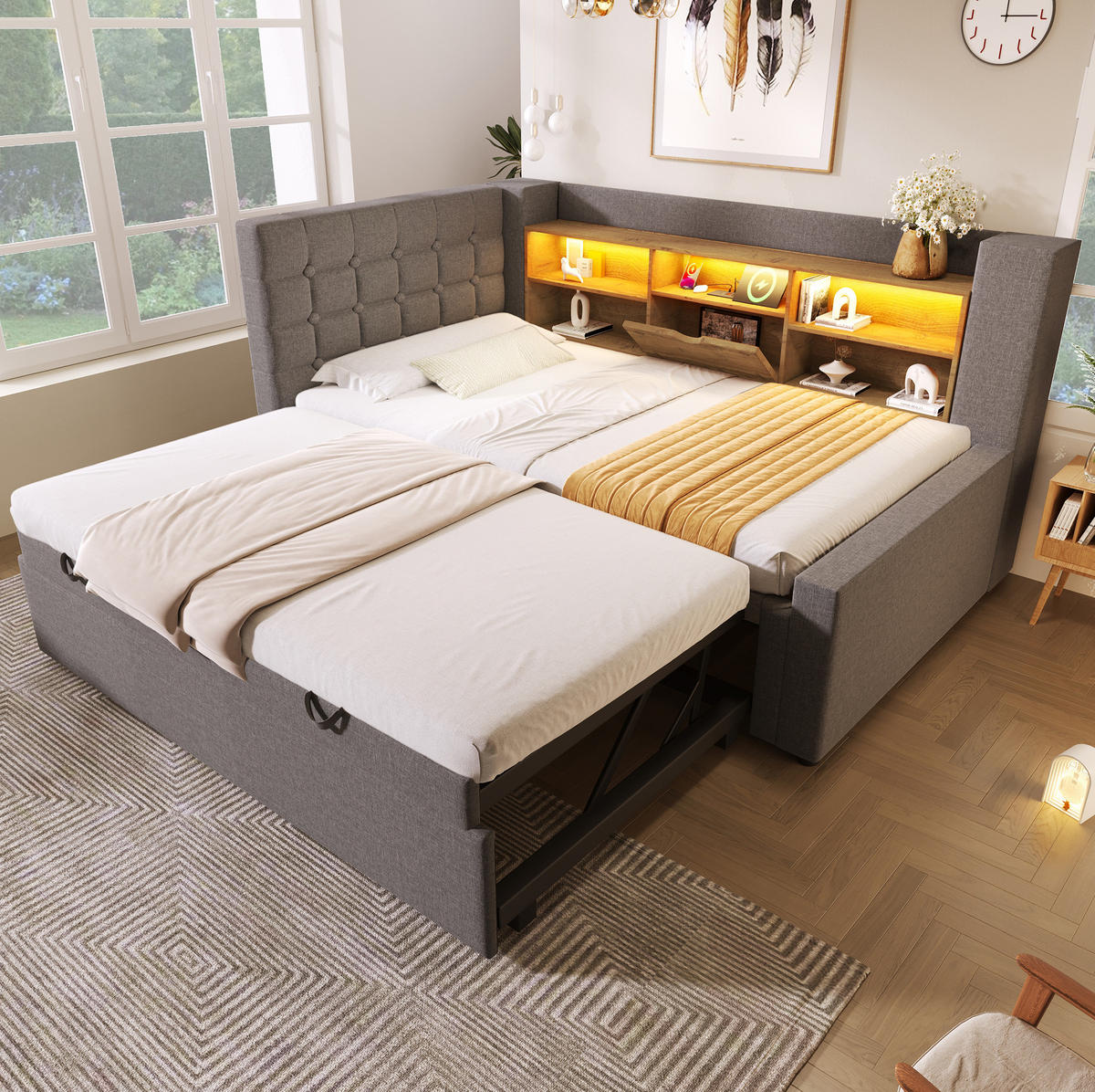 BETT mit Ausziehbett und LED 90x200 cm Leinen Grau - Grau, Metall (90/200cm) - Meubliv