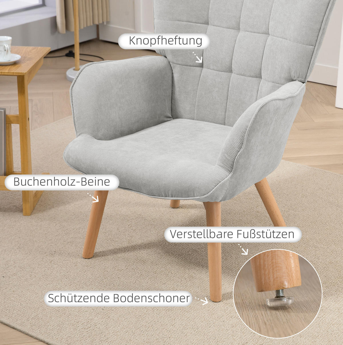 OHRENSESSEL 72/80/101 cm mit hoher Rückenlehne und Hocker, grau - Grau, Textil (72/101/80cm) - BEAOK