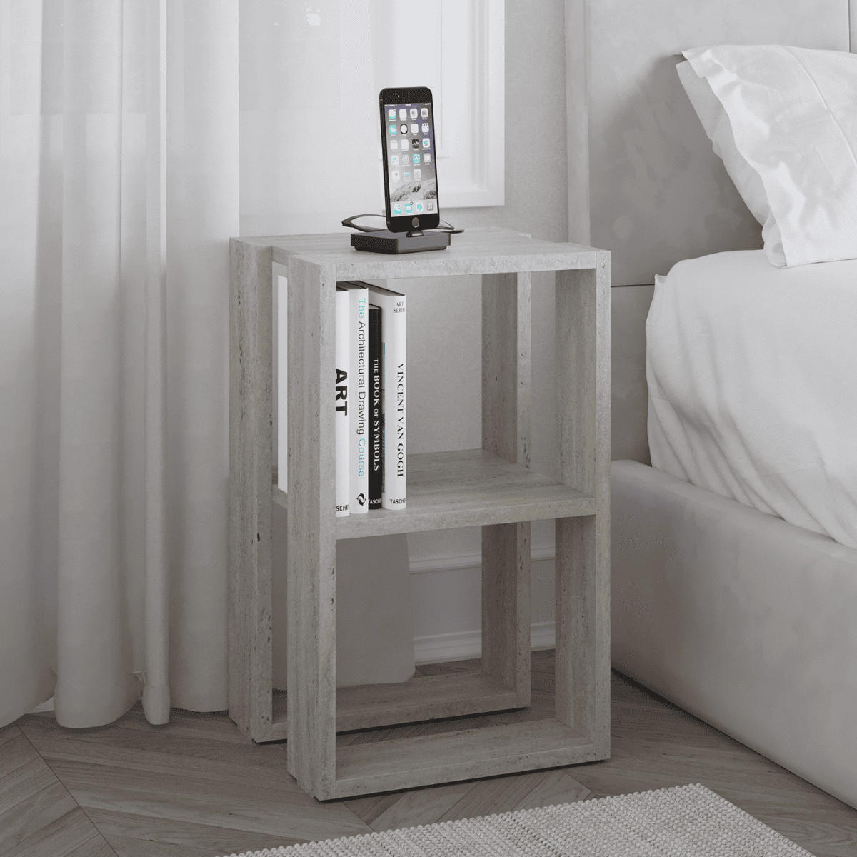 NACHTTISCH mit 2 regalböden, travertin-dekor - lonie 30/30/55 cm - Beige, Holzwerkstoff (30/55/70cm) - Calicosy