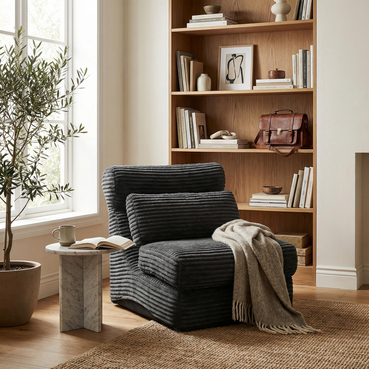 SCHLAFSESSEL 2-in-1 Bodensofa & Schlafsessel in Cord-Optik Montagefreii - Schwarz, Textil (83/83/83cm) - Urban Meuble