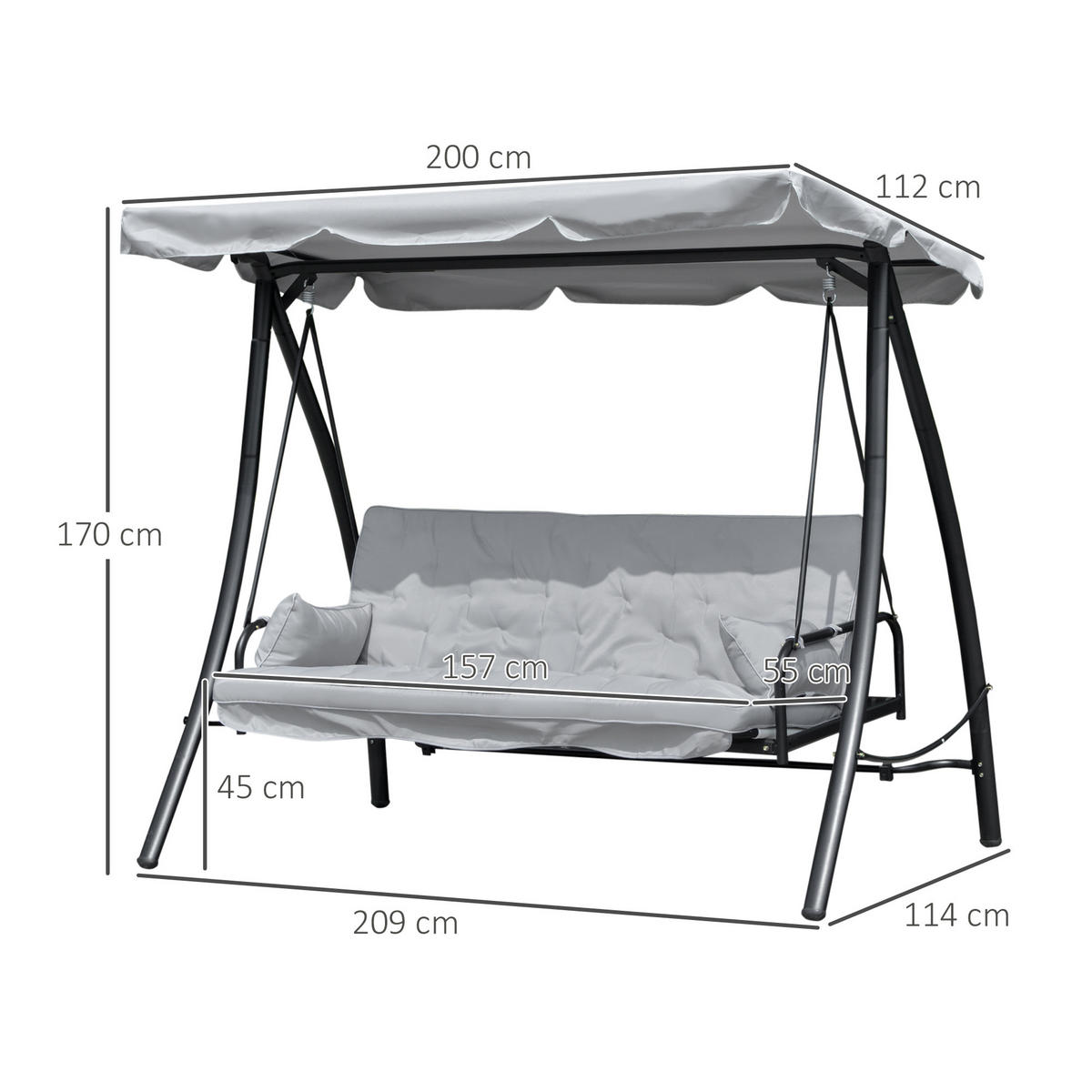 GARTENSCHAUKEL Schaukelbank mit Liege-Funktion, 3 Sitzer, Metall+Kunststoff, Grau - Grau, Kunststoff/Metall (240/170/209cm) - Outsunny