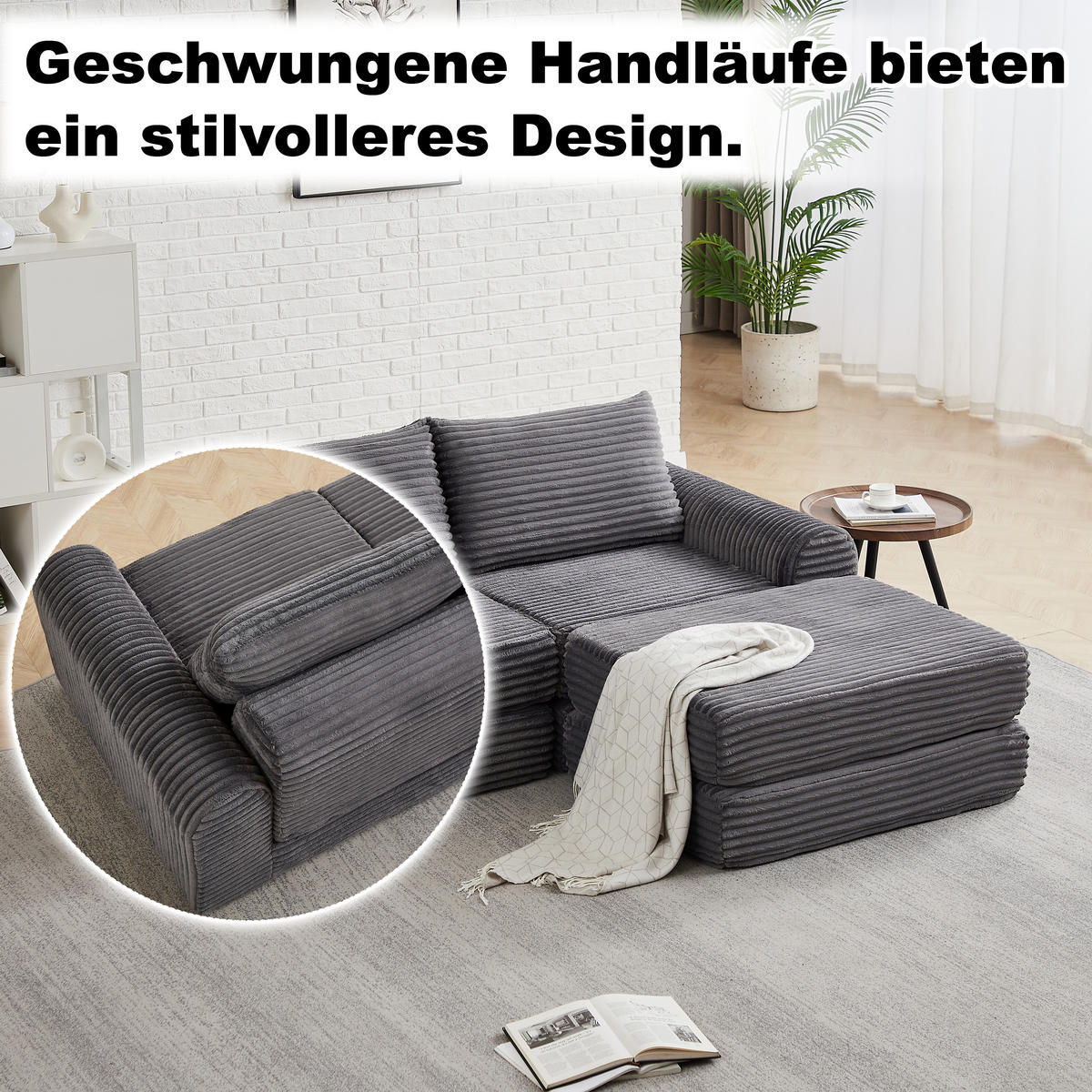 SCHLAFSOFA, Cord mit modularem Aufbau & abnehmbarer Fußstütze, 243/194/53 cm, Grau - Grau, Textil (243/53/194cm) - Redom