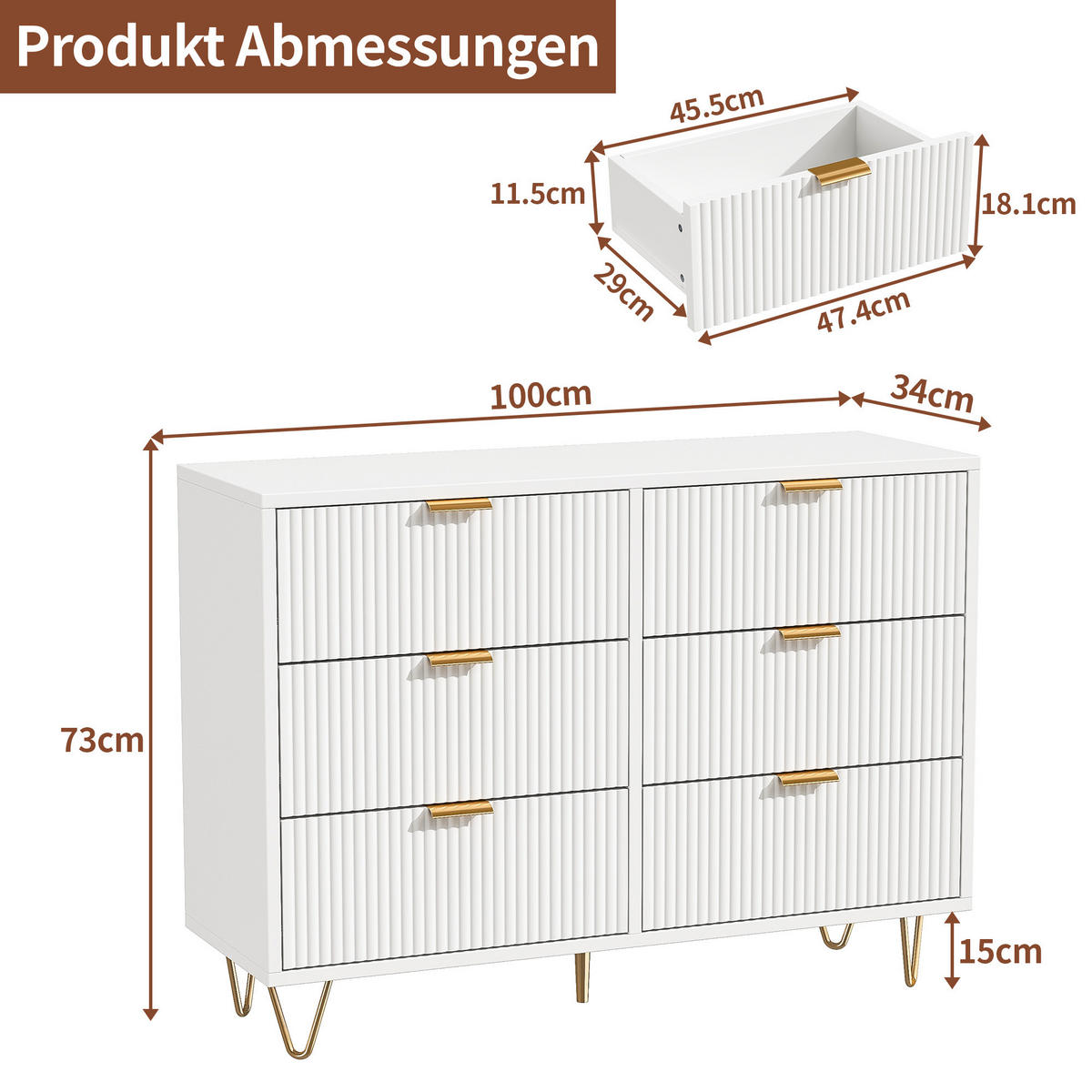 KOMMODE Modern‑Weiß mit vertikalem Rillendesign & goldenen Metallakzenten 34/100/73 cm - Weiß, Holz (100/73/34cm) - Joyfair