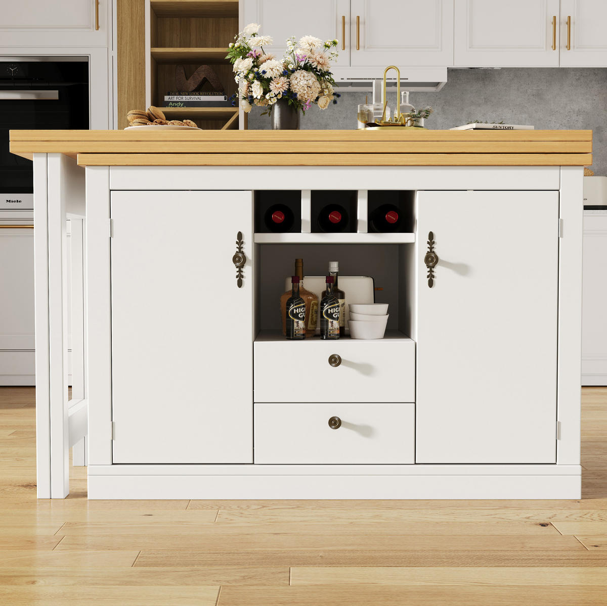 KÜCHENINSEL aus MDF 120-180x40x76cm in Weiß mit Auszug - Weiß, Holzwerkstoff (40/76/180cm) - Modfu