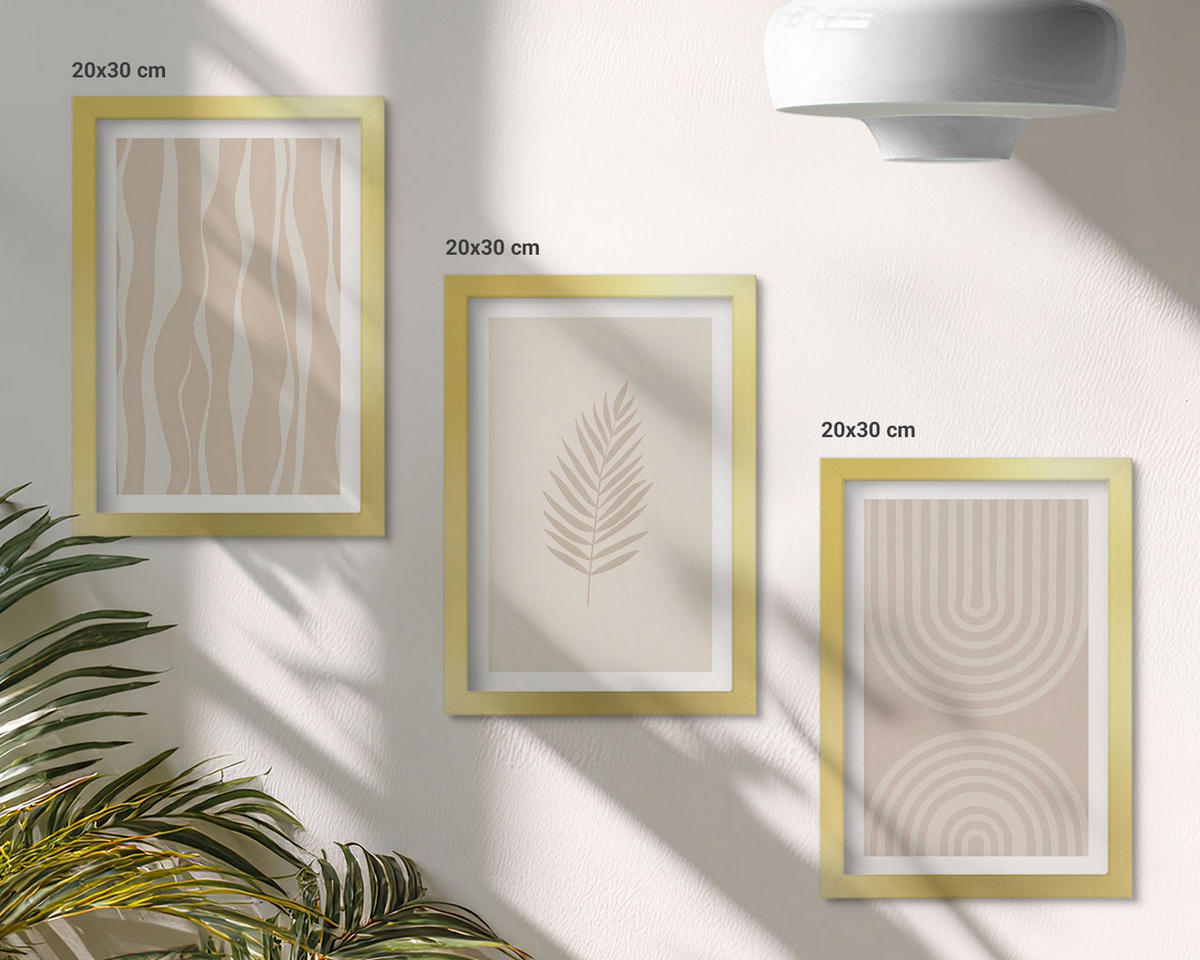 BILDER SET 3er Set - 20x30 cm Goldrahmen - Beige Pflanzenmuster - Goldfarben, Kunststoff (20/30cm) - TULUP