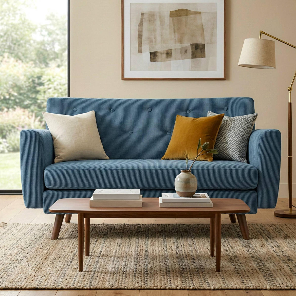SOFA Arne Cord 2-Sitzer 120x74x81cm Cord Blau Couch - Blau, Kunststoff (120/81/74cm) - DELUKE