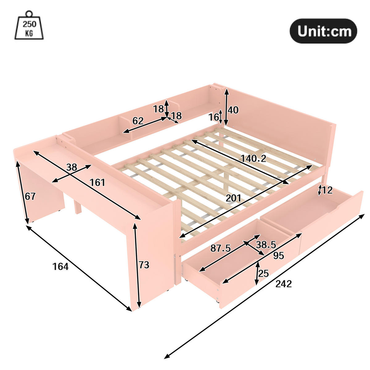 DOPPELBETT aus Kiefernholz und Spanplatte 140x200 cm Rosa mit Schreibtisch, Schubladen und Regalen - Rosa, Holzwerkstoff (140/200cm) - IVMEU