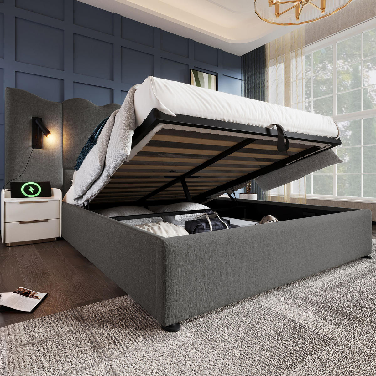 ČALÚNENÁ posteľ 252/215/111 cm sivá, ľan a kov s LED lampou a USB-C, úložná - sivá, textil (180/200cm) - BEAOK