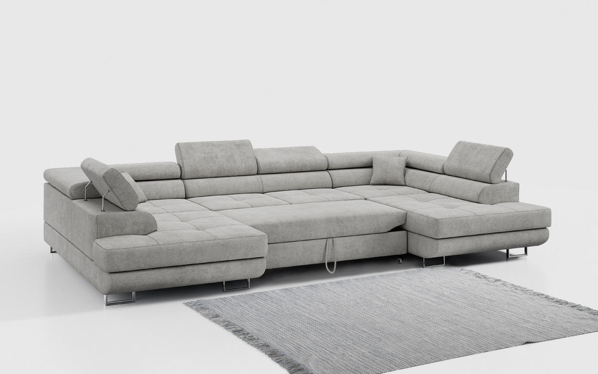 WOHNLANDSCHAFT GUSTAW U Hellgrau Struktur - Silberfarben/Hellgrau, Textil/Metall (340/55/205cm) - MKS