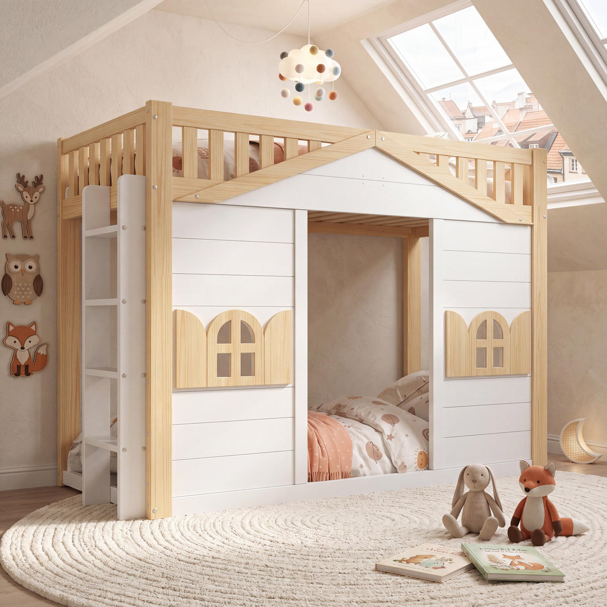 ETAGENBETT 90/200 cm DE-32832 mit Haus-Design und Fenster Weiß/Natur - Weiß, Holzwerkstoff (90/200cm) - ComfortXL