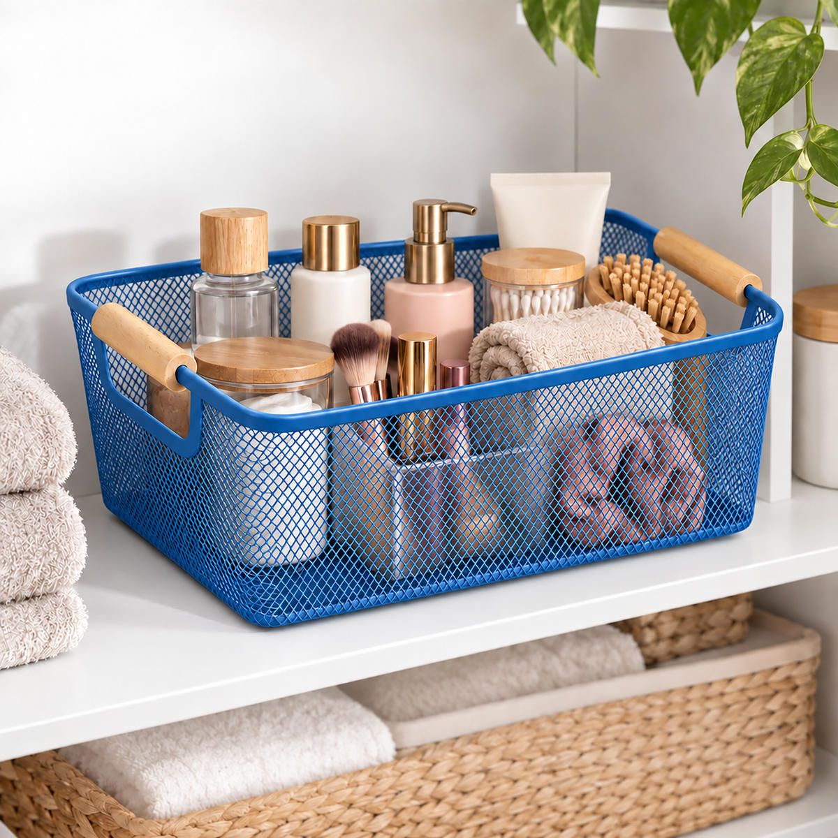 KÔŠ Tmavomodrá drevené rúčky 37 cm - tmavomodrá, kov/drevo (37/16.5/22.5cm) - Relaxdays
