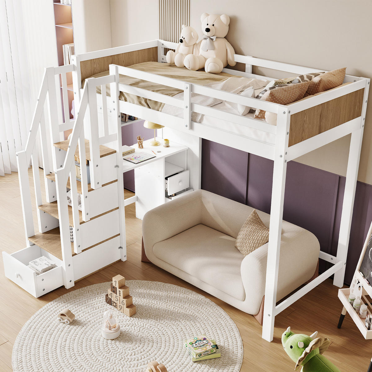 ETAGENBETT 90/200 cm in Weiß & Natur mit Schreibtisch, 3 Schubladen und Regal - Weiß/Naturfarben, Holz/Holzwerkstoff (90/200cm) - CHICFURN