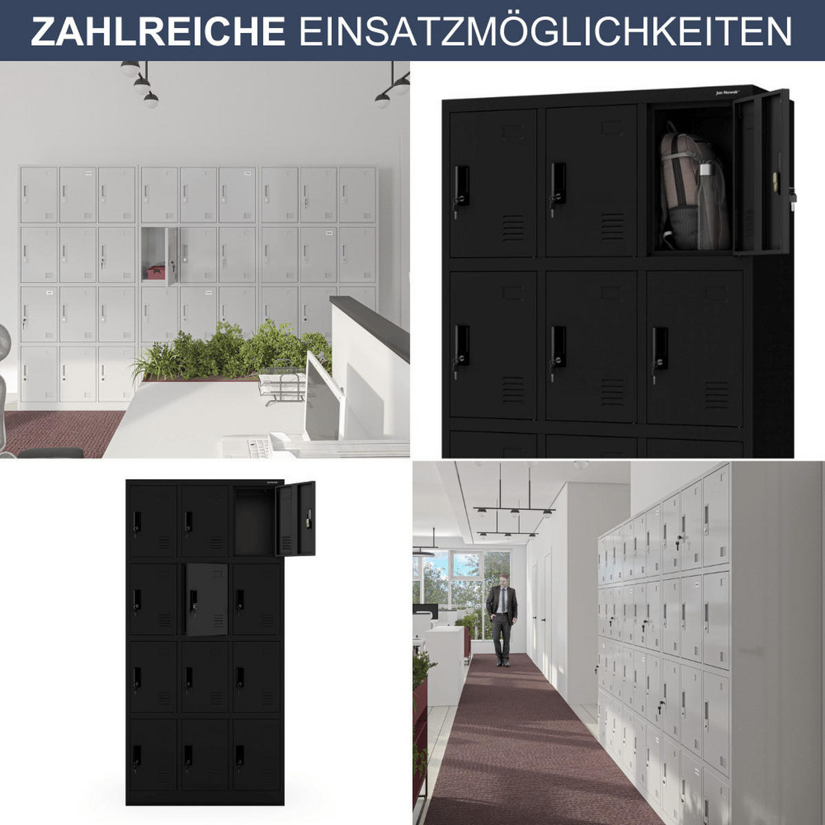SCHLIESSFACHSCHRANK Spind BERN 12 Fächer185x90x40cm Schwarz - Schwarz, Metall (90/185/40cm) - DELUKE