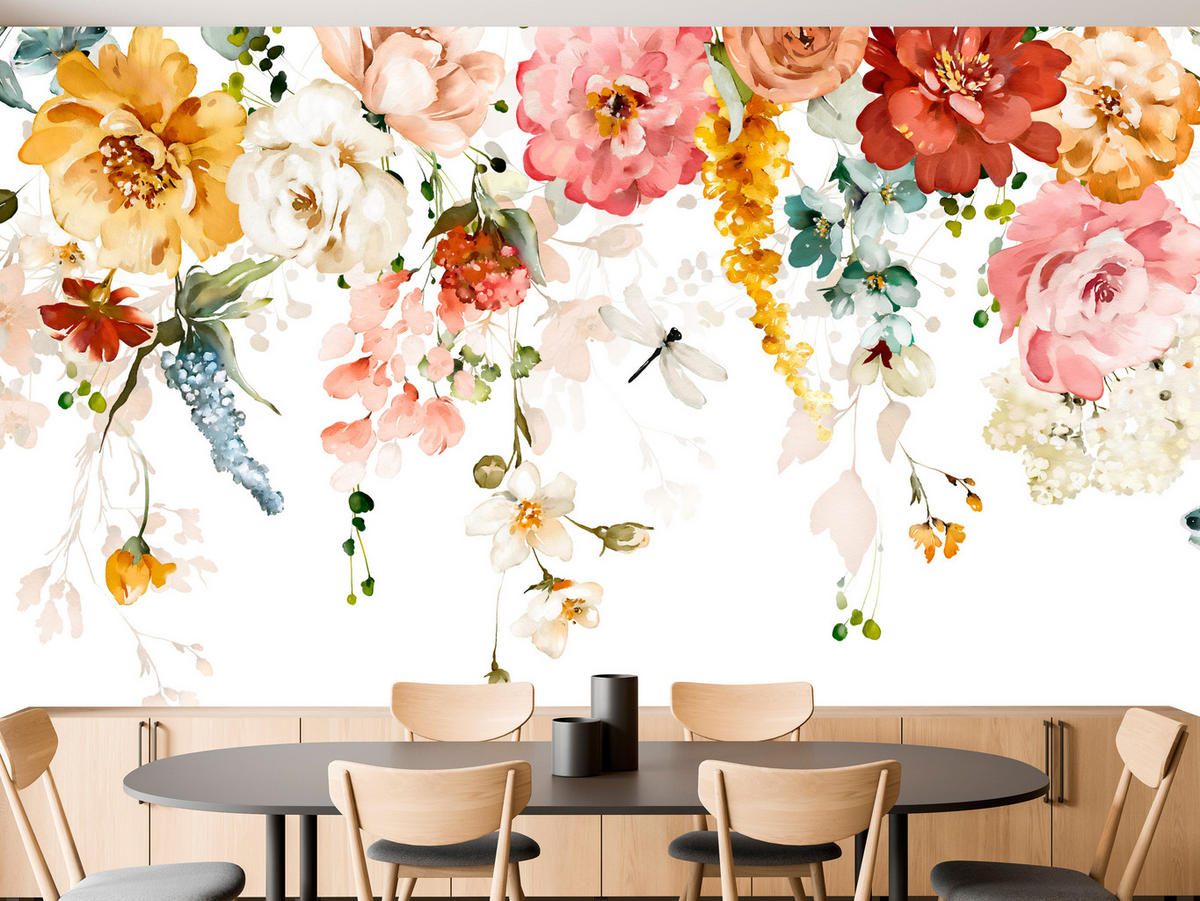 FOTOTAPETE für Schlafzimmer Aquarell Bunte Blumen Ranken Blätter 400x280 - Gelb/Rot, Papier (400/280cm) - Muralo