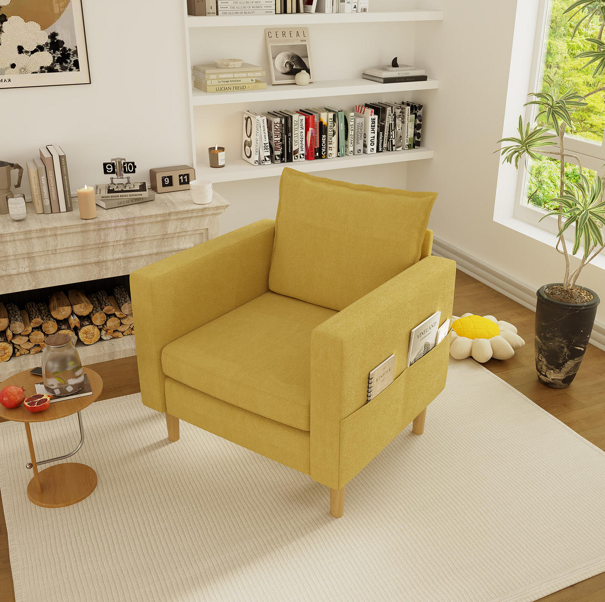 SESSEL 71/68/82 cm in Senfgelb aus Chenille mit Seitentasche - Currygelb, Textil (71/82/68cm) - BEAOK