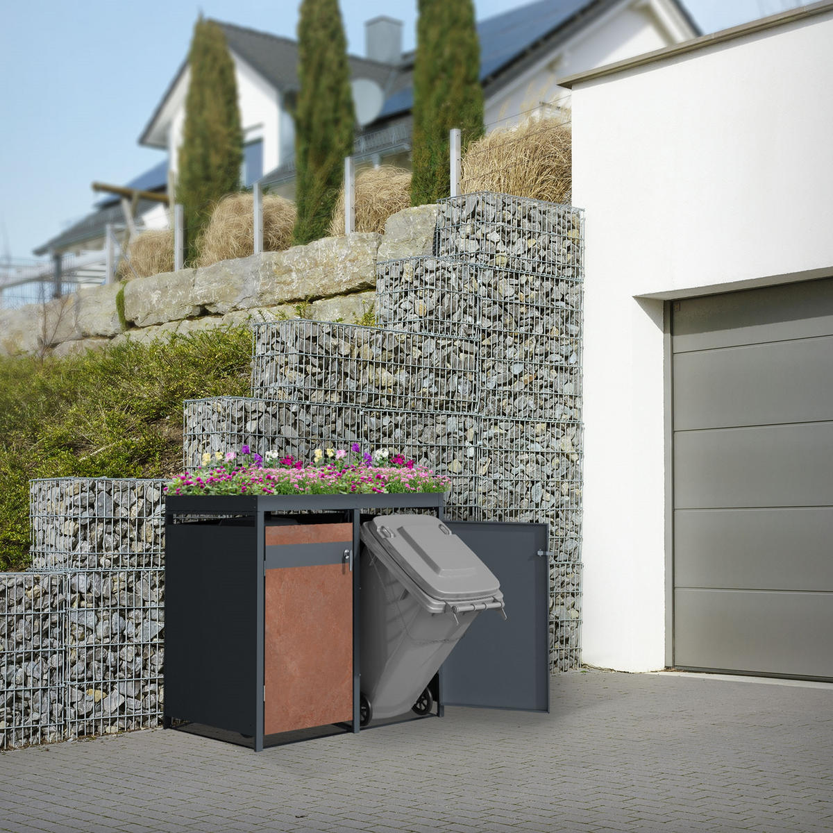 MÜLLTONNENBOX 4er mit Pflanzdach Anthrazit-Rostoptik - Rotbraun, Metall (80/124/264cm) - ML-DESIGN