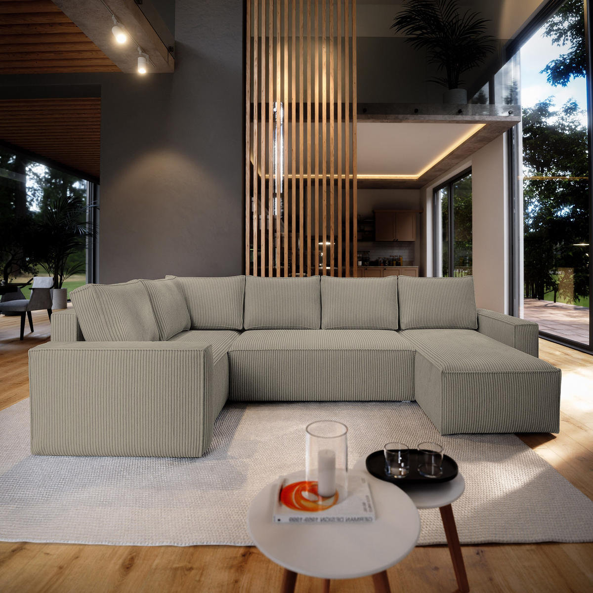 ROHOVÁ SEDAČKA NORENA béžová - šedá/béžová, dřevo/textil (295/157.5cm) - MASSENO