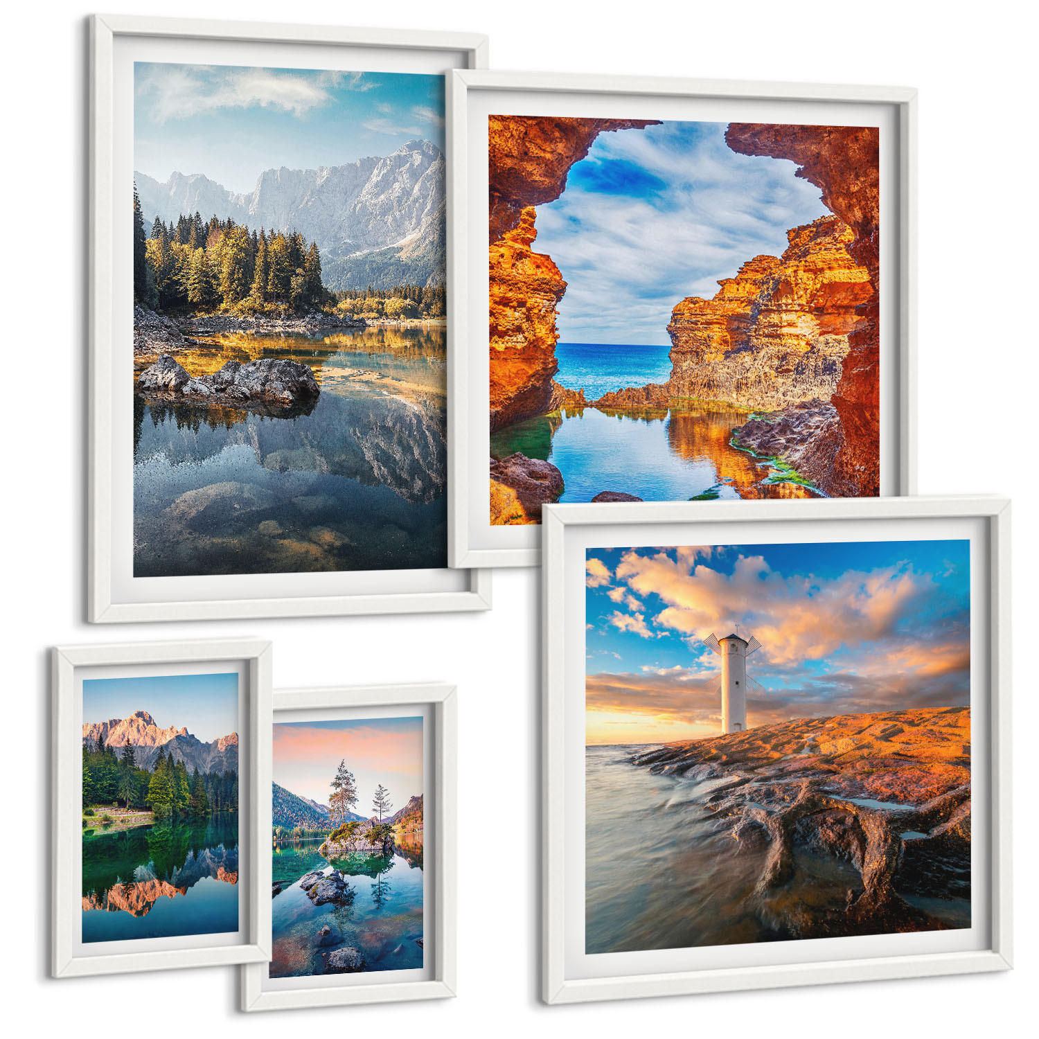BILDER SET 5er Set - 50x50 cm & 20x30 cm & 40x60 cm Weißer Rahmen - Aussicht Paris New York Treppen - Weiß, Kunststoff (40/60cm) - TULUP
