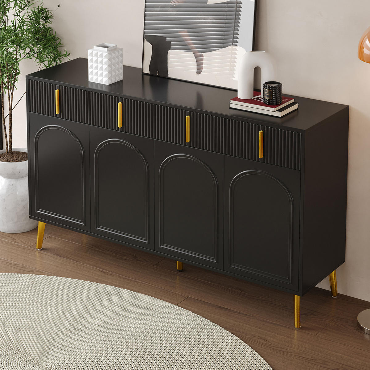 SIDEBOARD in Schwarz Anrichte mit Türen und Schubladen für Wohnzimmer und Schlafzimmer, B140/T38/H82 cm - Goldfarben/Schwarz, Holzwerkstoff/Metall (140/82/38cm) - STILVORA