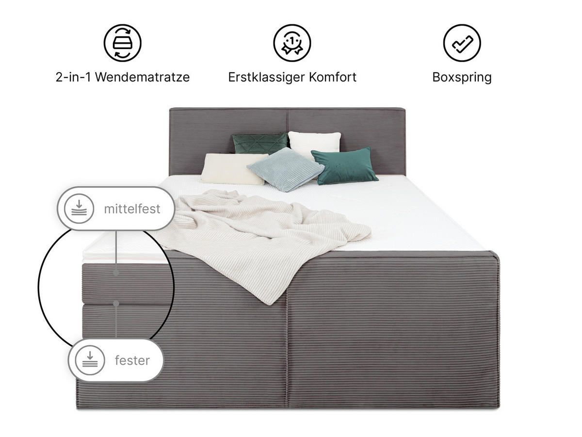 BOXSPRINGBETT Buffalo Anthrazit 160 /200 cm H2/H3 Cord - Anthrazit, Textil (160/200cm) - wonello