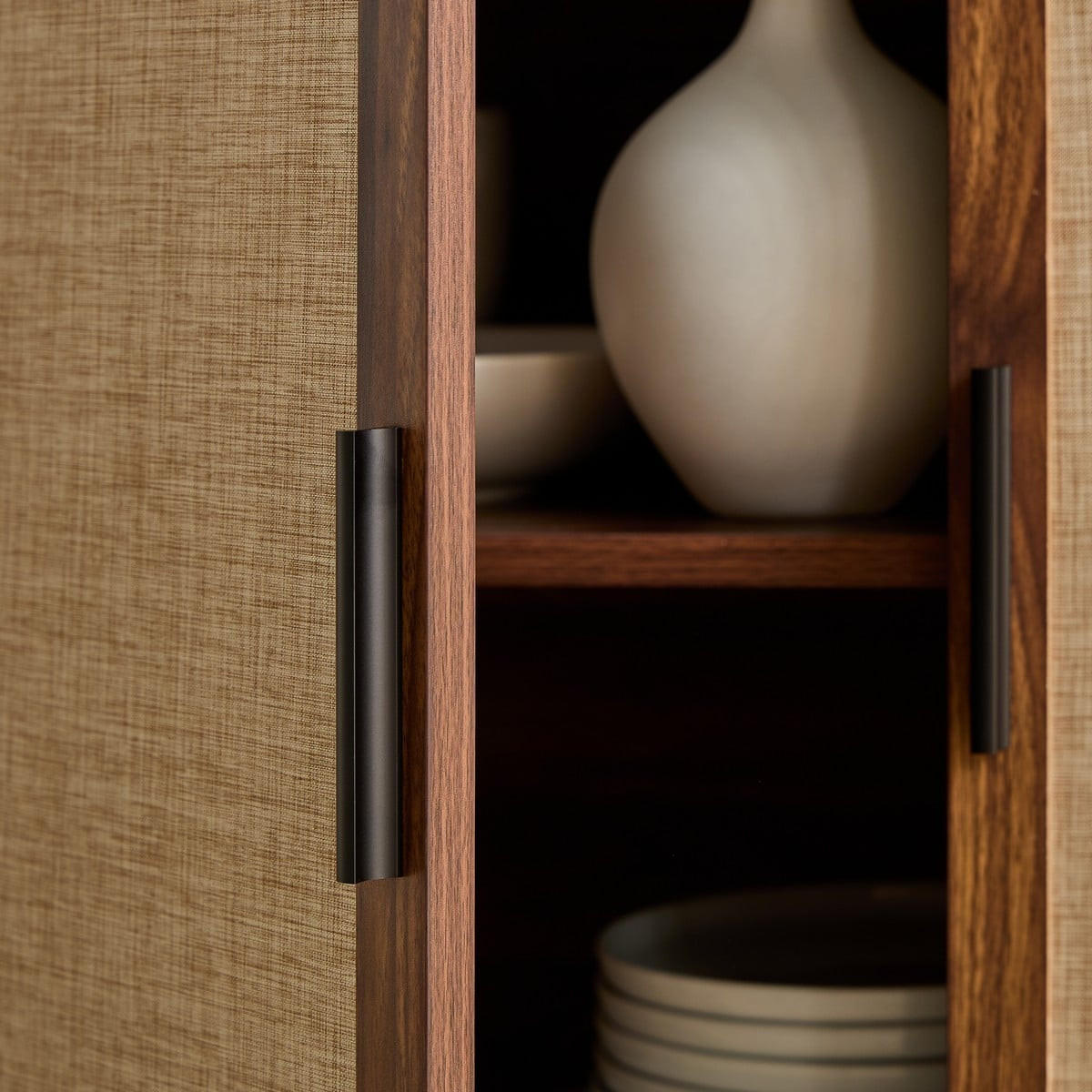 SIDEBOARD mit 3 Türen in Nussbaumdekor und Stofffronten 39,5/79/140 cm - Nussbaumfarben, Holzwerkstoff (39.5/79/46cm) - Calicosy