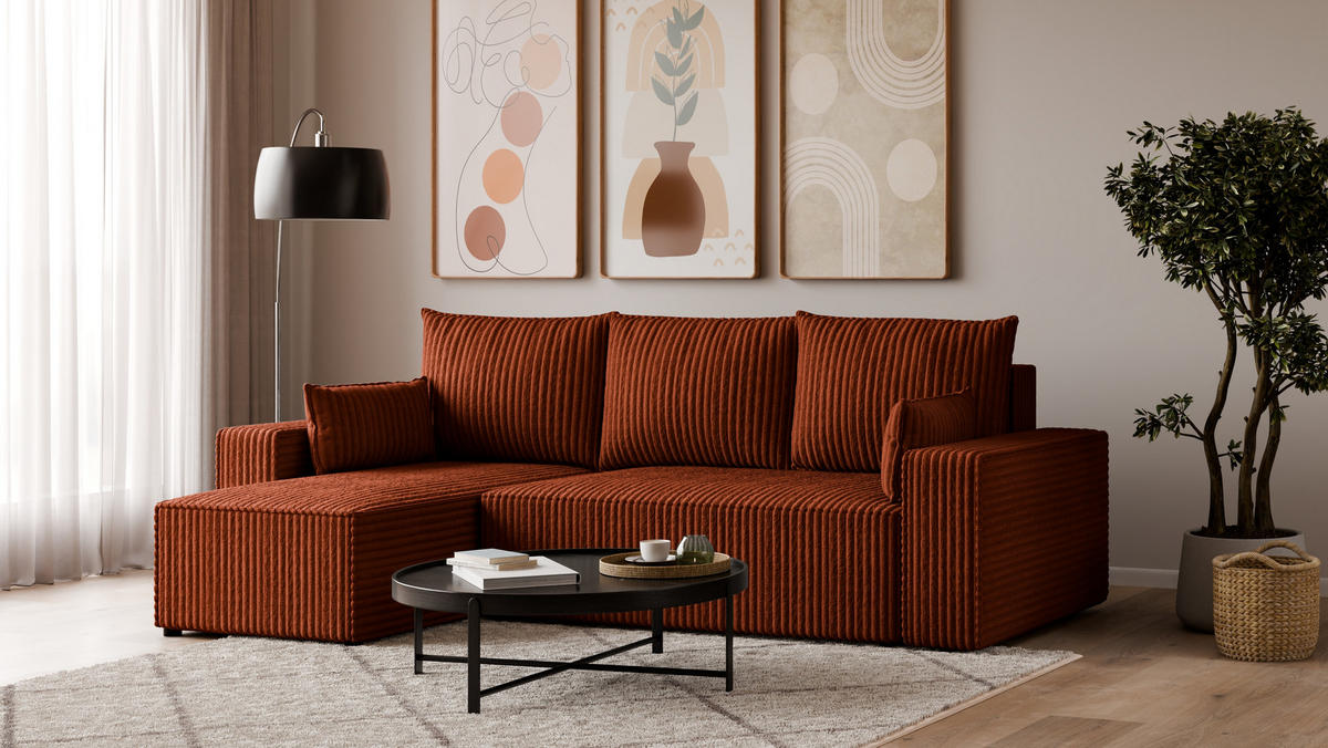 ECKSOFA Tobi mit Bettkasten und Schlaffunktion, L-Form, Cordstoff, Universal - Rostfarben, Holzwerkstoff (246/145cm) - 4ALL HOME