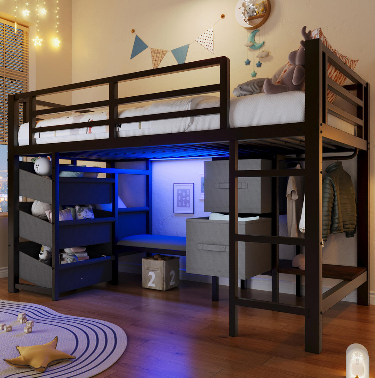 HOCHBETT 90/200 cm aus Metall mit LED-Beleuchtung und Stauraum, Schwarz - Schwarz, Metall (90/200cm) - Flora Grace