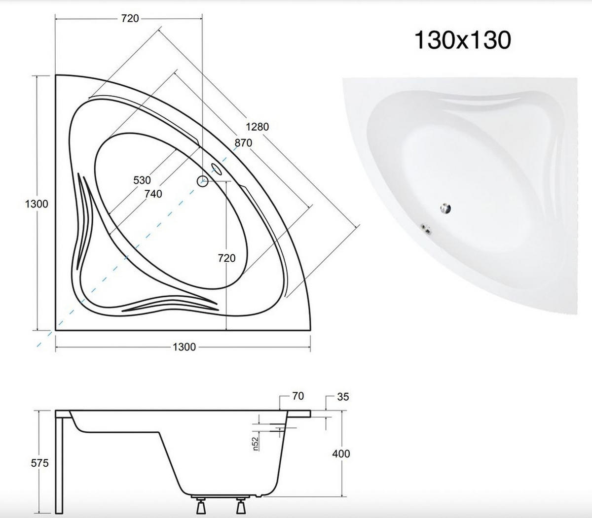 BADEWANNE Eckwanne MIA 130/130 Ablauf & Füße - Weiß, Kunststoff (130/57.5/130cm) - bad land