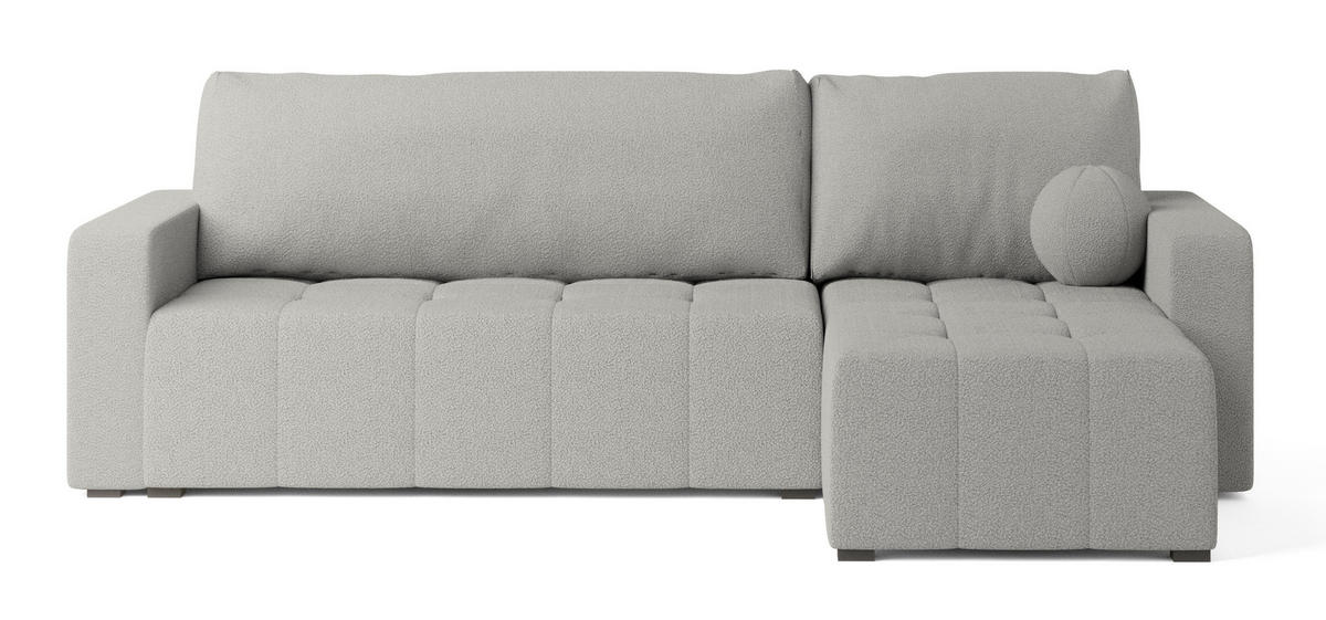 ECKSOFA VOLIRA Hellgrau Boucle-Stoff mit Schlaffunktion - Hellgrau, Holz (230/143cm) - MASSENO