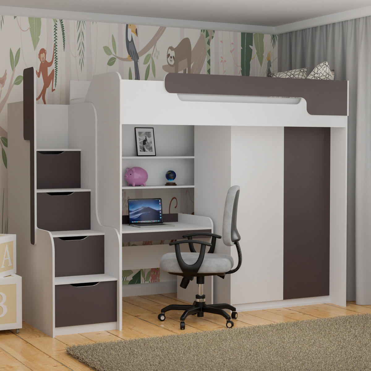 ETAGENBETT ARTHUR 90/200 in Weiß/Grau mit Schreibtisch und Kleiderschrank - Weiß/Grau, Holzwerkstoff (90/200cm) - Deine Möbel 24
