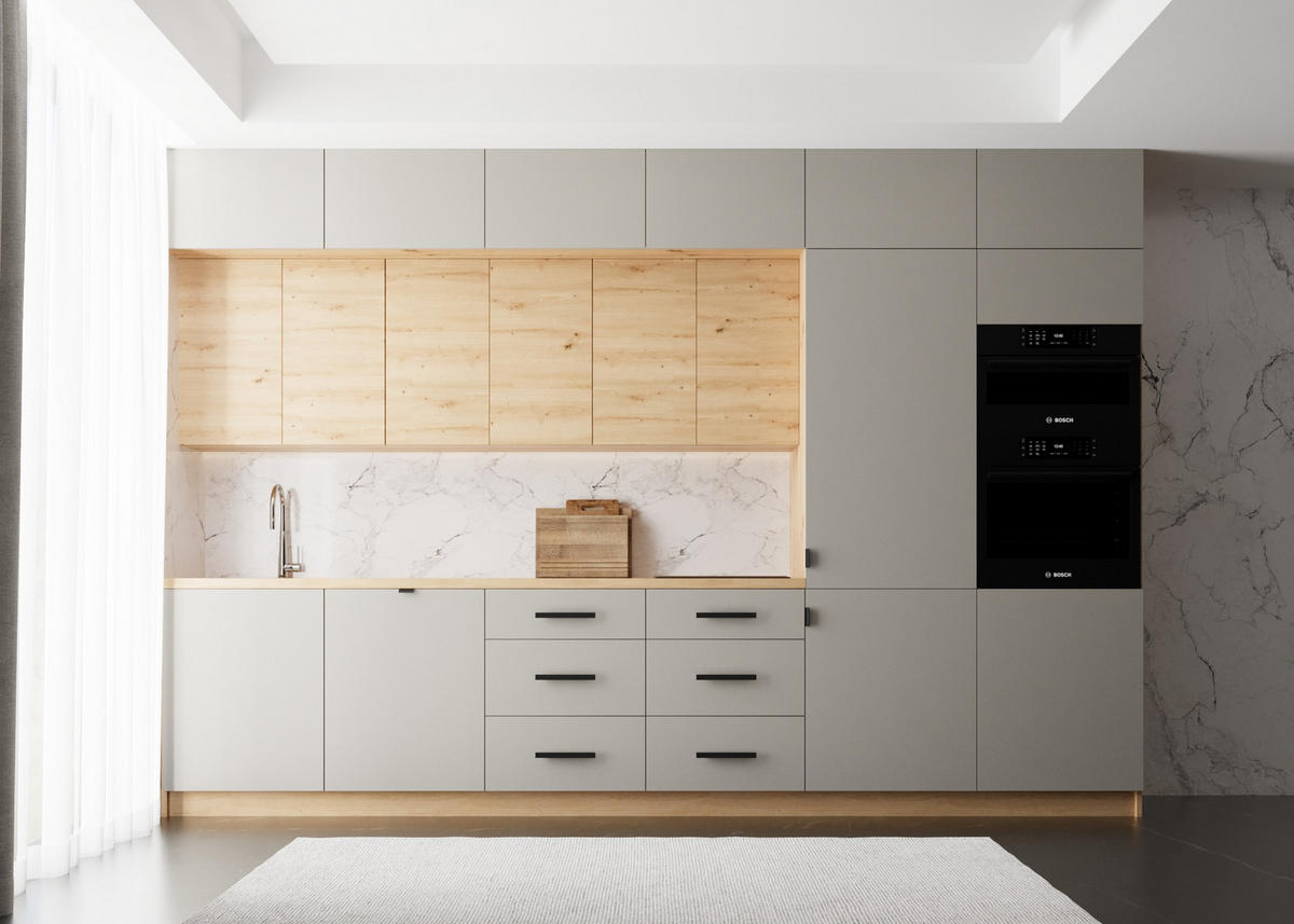 KÜCHENZEILE 360 cm – Langen K72-M360 - in Beige / ArtisanEiche - Beige/Schwarz, Holzwerkstoff/Metall (360/248/58cm)