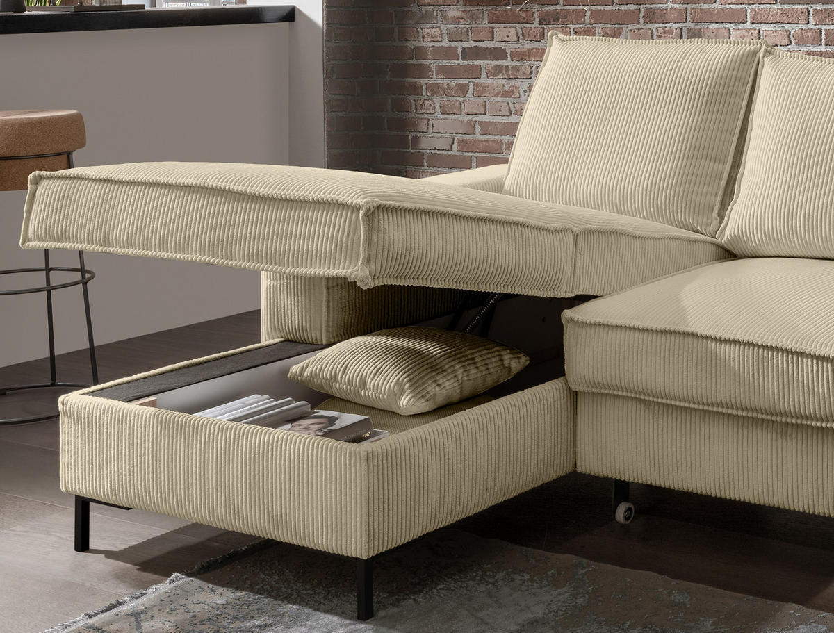 ECKSOFA mit Schlaffunktion, Bettkasten, Wellenunterfederung, Récamiere links B240/T150/H92 cm, Liegefl. 125x198 cm, Cord Beige Grau / 17223 - Greige/Beige, Textil/Metall (240/150cm) - luma-home