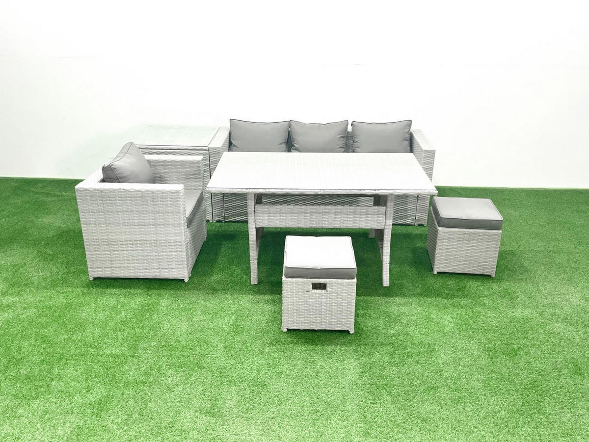 GARTENSET mit Esstisch,Sofa,Beistelltisch,Stuhl Polyrattan Hellgrau 6-Sitzer - Hellgrau/Grau, Glas/Kunststoff - Fimous